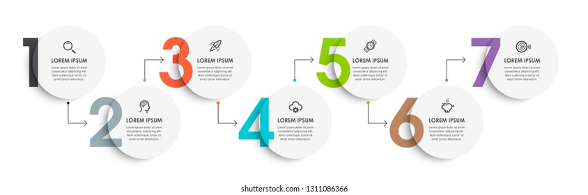 Vector Infographic design template with icons and 7 numbers options or steps.  Can be used for process diagram, presentations, workflow layout, banner, flow chart, info graph.