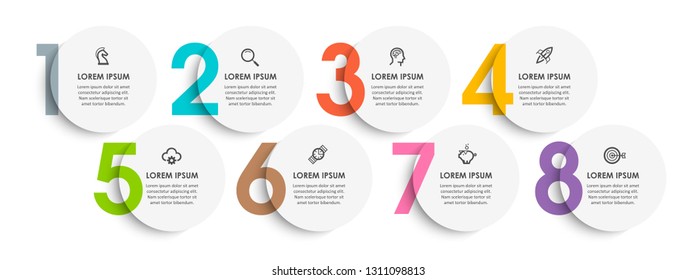 Vector Infographic design template with icons and 8 numbers options or steps.  Can be used for process diagram, presentations, workflow layout, banner, flow chart, info graph.