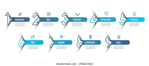 Vector Infographic design template with icons and 9 options or steps. Can be used for process diagram, presentations, workflow layout, banner, flow chart, info graph.