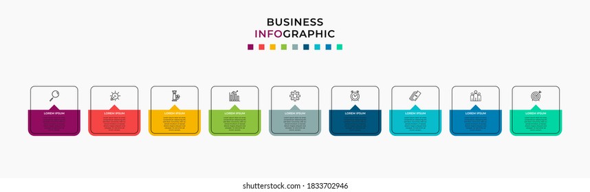 Vector Infographic design template with icons and 9 nine options or steps. Can be used for process diagram, presentations, workflow layout, banner, flow chart, info graph.
