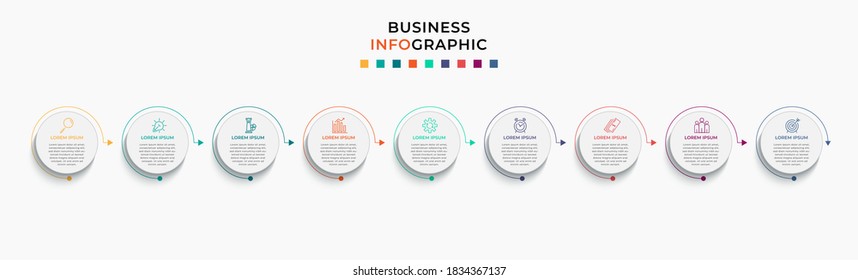 Vector Infographic design template with icons and 9 nine options or steps. Can be used for process diagram, presentations, workflow layout, banner, flow chart, info graph.