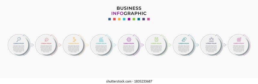 Plantilla de diseño de infografía vectorial con iconos y 9 opciones o pasos. Se puede utilizar para el diagrama de procesos, presentaciones, diseño de flujo de trabajo, banner, diagrama de flujo, gráfico de información.