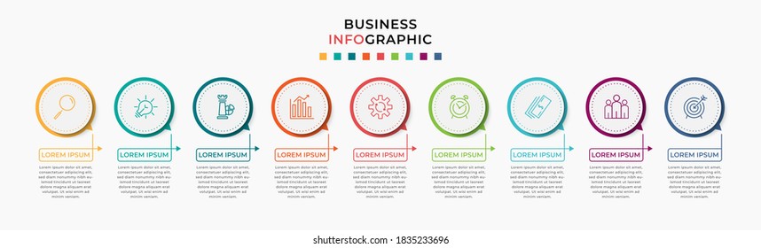 Vector Infographic design template with icons and 9 nine options or steps. Can be used for process diagram, presentations, workflow layout, banner, flow chart, info graph.
