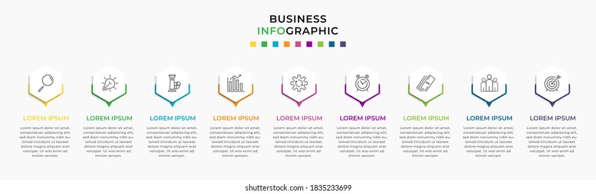 Plantilla de diseño de infografía vectorial con iconos y 9 opciones o pasos. Se puede utilizar para el diagrama de procesos, presentaciones, diseño de flujo de trabajo, banner, diagrama de flujo, gráfico de información.
