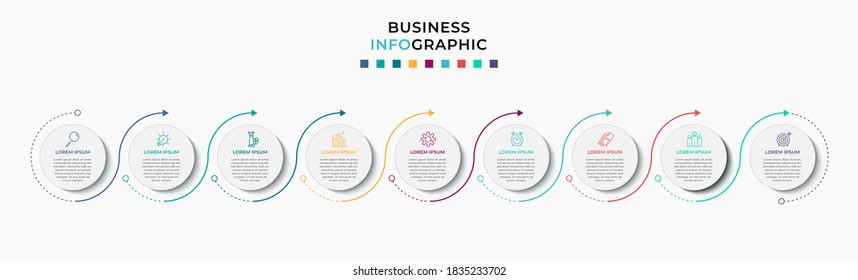 Vector Infographic design template with icons and 9 nine options or steps. Can be used for process diagram, presentations, workflow layout, banner, flow chart, info graph.