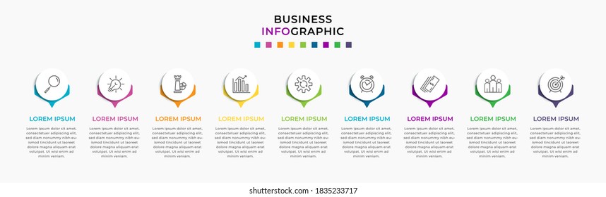 Vector Infographic design template with icons and 9 nine options or steps. Can be used for process diagram, presentations, workflow layout, banner, flow chart, info graph.