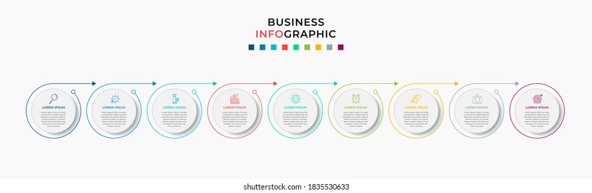 Vector Infographic design template with icons and 9 nine options or steps. Can be used for process diagram, presentations, workflow layout, banner, flow chart, info graph. Eps10 vector