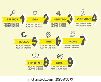 Vector Infographic design template with icons and 9 options or steps. Can be used for process diagram, presentations, workflow layout, banner, flow chart, info graph.
