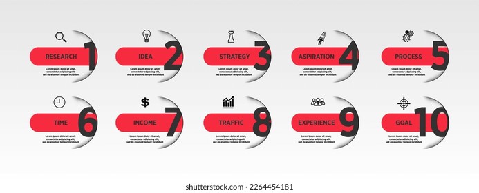 Vector Infographic design template with icons and 10 options or steps. Can be used for process diagrams, presentations, workflow layouts, banners, flowcharts, info graphs.