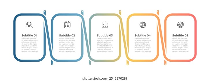 Vector infographic design template with marketing icons, Business processes rectangle elements with 5 steps and options. 