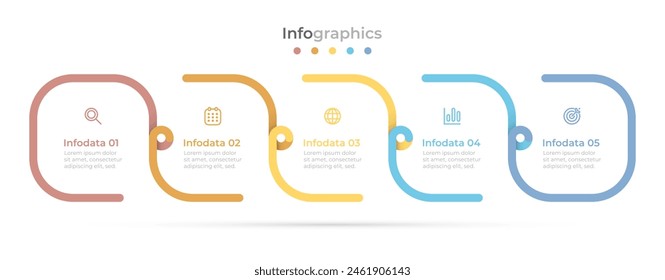 Vector infographic design template with a timeline process featuring 5 options, parts, or steps, suitable for workflow layout, diagrams, web design, and data visualization.