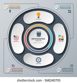 Vector infographic design template. White circle with the set of marketing icons. Business concept with 4 steps, parts, options. Can be used for workflow layout, diagram, number options, web design