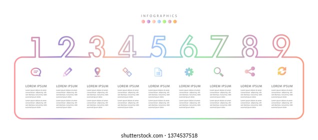 Vector infographic design UI template colorful gradient 9 number labels and icons. Ideal for business concept presentation banner workflow layout and process diagram.