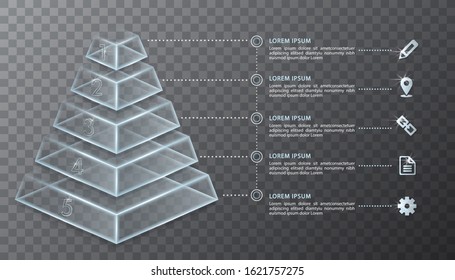 Vector infographic design UI template transparent glass 3D pyramid and icons
