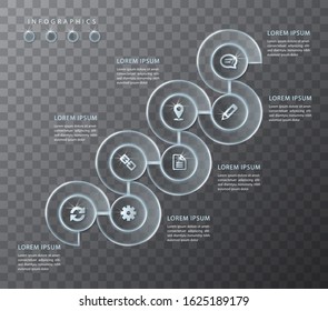 Vector infographic design UI template transparent glass round spiral frame labels and icons