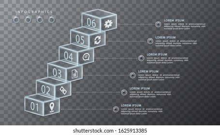 Vector infographic design UI template transparent glass cubic box and icons