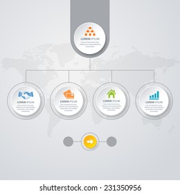 Vector Infographic design white circles with world map on the grey background. Eps 10. Can be used for diagram, banner, number options, workflow layout, step up options or web design.