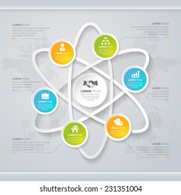 Vector Infographic design white circles with world map on the grey background. Eps 10. Can be used for diagram, banner, number options, workflow layout, step up options or web design.