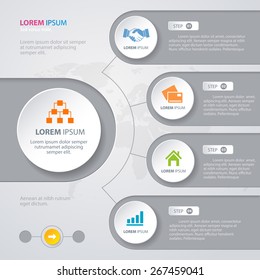 Vector Infographic design white circles with world map on the grey background. Eps 10. Can be used for diagram, banner, number options, workflow layout, step up options or web design.