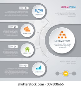 Vector Infográfico design círculos brancos com mapa mundial sobre o fundo cinza. Eps 10. Pode ser usado para diagrama, banner, opções de número, layout de fluxo de trabalho, opções de passo para cima ou web design.