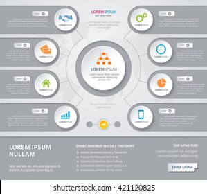Vector Infographic design white circles with world map on the grey background. Eps 10. Can be used for diagram, banner, number options, workflow layout, step up options or web design.