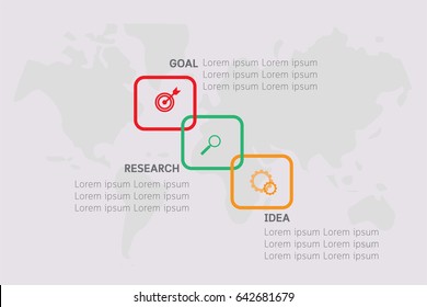 Vector Infographic design white squares with world map on the grey background. Eps 10. Can be used for diagram, banner, number options, workflow layout, step up options or web design.