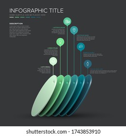 Vector Plantilla de capas de círculo diagonal infográfica con 6 escritorios de nivel para la estructura del material - plantilla de color teñido con fondo oscuro