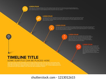 Vector infographic diagonal timeline report template with bubbles - dark yellow version