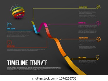 Vector Infographic diagonal timeline report template with 3d colored stripe graph, icons and descriptions - dark version