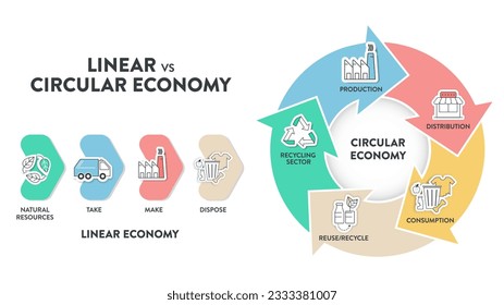 El diagrama de infografía vectorial de la diferencia entre la economía circular y la economía lineal. Comparar infografías lineales y circulares para presentaciones o banners para sitios web. Conceptos de economía.