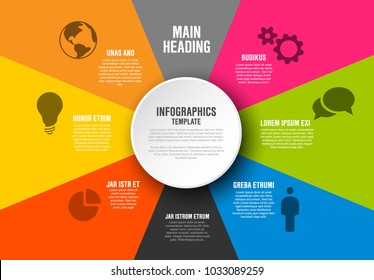 Plantilla de diagrama de infografía vectorial con secciones de color, textos e iconos