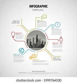 Vector Infographic diagram template made from lines and icons - big circle infochart with smaller elements and circle photo placeholder in the midle