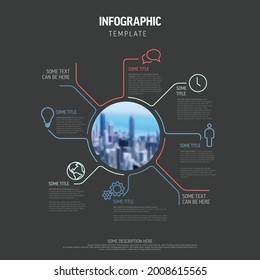 Vector Infographic diagram template made from lines and icons - big circle infochart with smaller elements and circle photo placeholder in the midle blue and red dark version