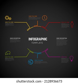 Vector Infographic diagram template made from lines and icons - big circle infochart in the midle with smaller elements with descriptions and icons on dark gray background