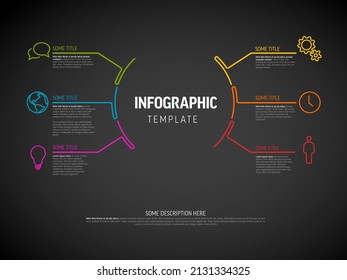 Vector Infographic diagram template made from lines and icons - big circle infochart in the midle with smaller elements with descriptions and icons on a dark gray background