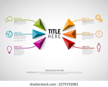 Vector Infographic diagram template made from six elements with lines and icons - infochart title in the midle with smaller elements with descriptions big triangle pyramid arrows and icons