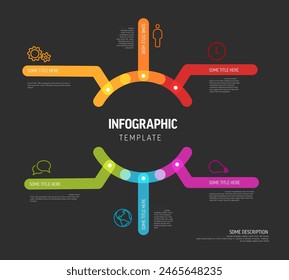 Vector Plantilla de diagrama infográfico hecho de líneas e íconos - infochart círculo grande en el medio con los Pequeños Elementos con descripciones y líneas de color grueso sobre fondo negro