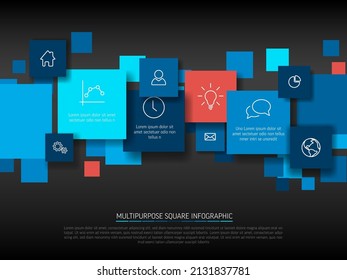 Vector infographic diagram with various blue descriptive squares on dark gray background- infographic template - blue and red content squares with icons and descriptions