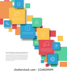 Vector infographic diagram with various descriptive squares - infographic template - pastel color content squares with icons and descriptions in diagonal shape