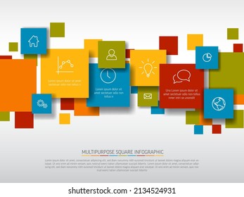 Diagrama de infografía vectorial con varios cuadrados descriptivos - plantilla infográfica - cuadrados de contenido de color con iconos y descripciones