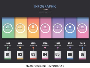 Vector infographic divided into 7 Steps or timeline placed on a dark gray background are used to present educational, financial or business information to make communication easier to understand.