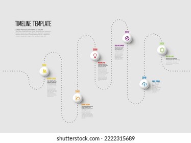 Vector Infographic dotted time line report template with icons and simple content. Dotted black timeline template with color icons on white spheres and short descriptions