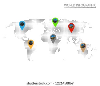 Vector infographic dotted world map with color pointers with blurred vectored photos