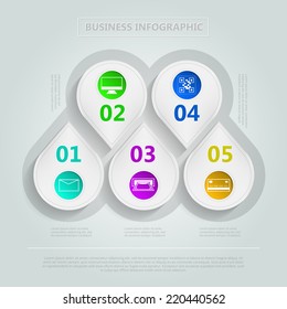 Vector infographic for e-Business. Set of droplet vector icons with colored signs for internet business and sample text on gray background.