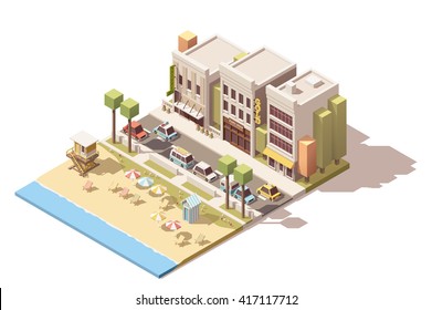 Vector o elemento infográfico que representa la playa del mar cerca de la pequeña calle del pueblo con coches y edificios