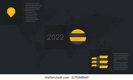 Vector infographic elements for business, presentation, web design, landing page, template, sample text, year 2022. 4 and 5 steps with world map dotted background. Gray yellow illustration