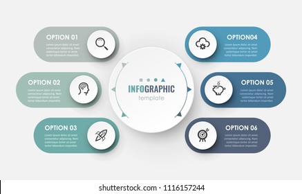 Vector infographic elements of graph diagram. Process chart with 6 steps, options, parts or processes. Business template for presentation.