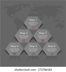 Vector infographic elements with map. Template for presentation with 6 options