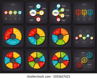 Vector infographic elements on dark background. Charts, circle diagram, timelines and arrows with 3, 4, 5, 6, 7 and 8 steps and options.