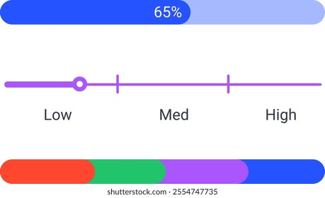 Vector infographic elements are showing progress with colorful diagrams, statistics dashboard chart, from low to high and a percentage bar loading at 65 percent